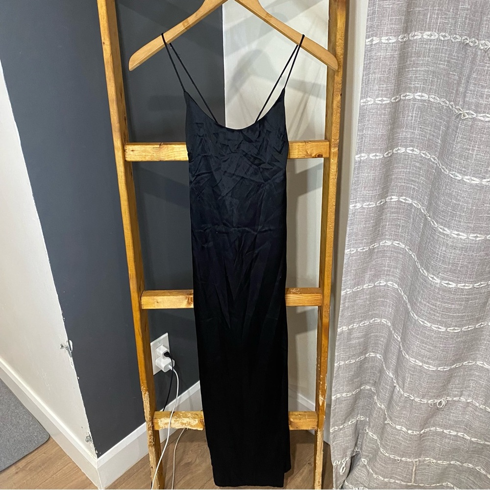 Long Black Satin Dress with Cross Back Detail